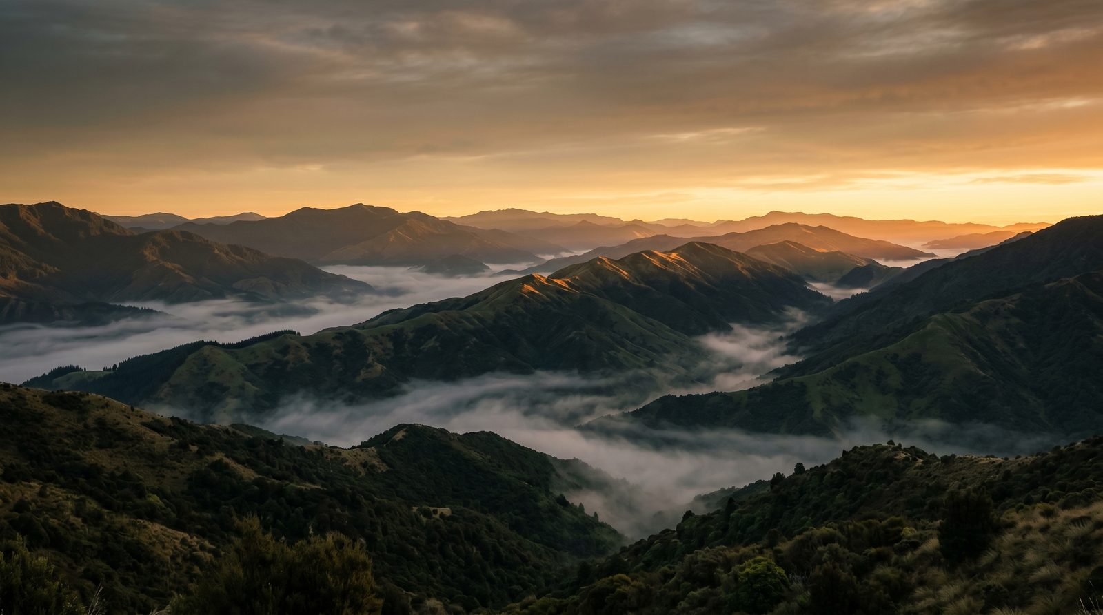 Dawn light breaking over rolling green hills — momentum, compounding, accumulation