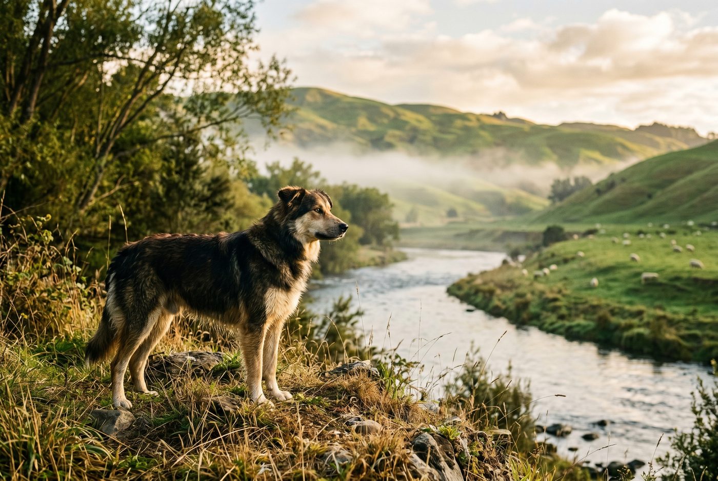 Animals Like Us — New Zealand working dog on a misty riverside